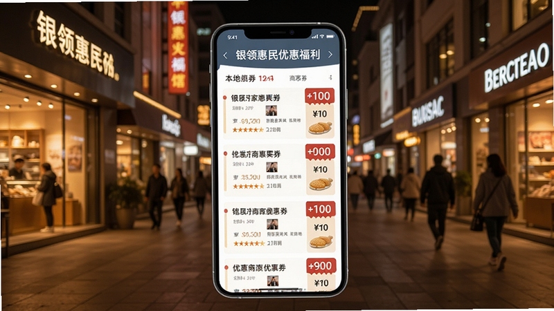 银领惠民优惠福利页面示意图,手机展示周边商家优惠券列表,附有折扣标签,背景为繁华的商业步行街,店铺灯光温馨,突出本地生活气息,画质细腻