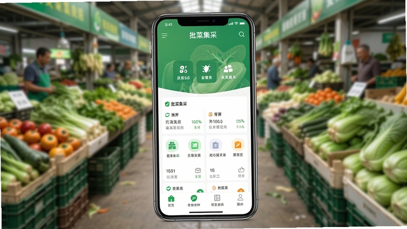 批菜集采软件主界面预览图,画面中心展示智能手机上的批菜集采APP首页,背景为模糊的蔬菜批发市场实景,突出软件功能与市场环境的融合,采用写实风格,光线明亮,色彩鲜活
