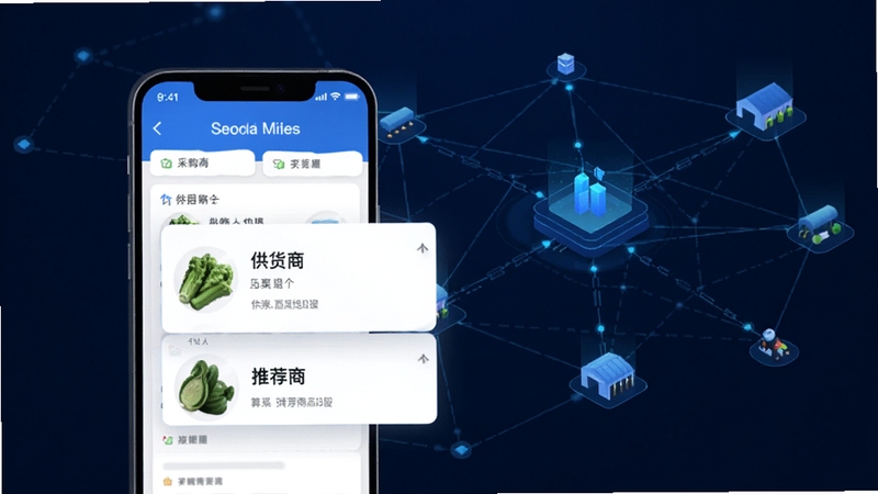 批菜集采软件智能匹配功能示意图,画面展示采购方手机界面弹出供货商推荐卡片,背景是数字化的农产品供应链网络图形,风格简约现代,蓝色科技色调,突出算法推荐与高效对接
