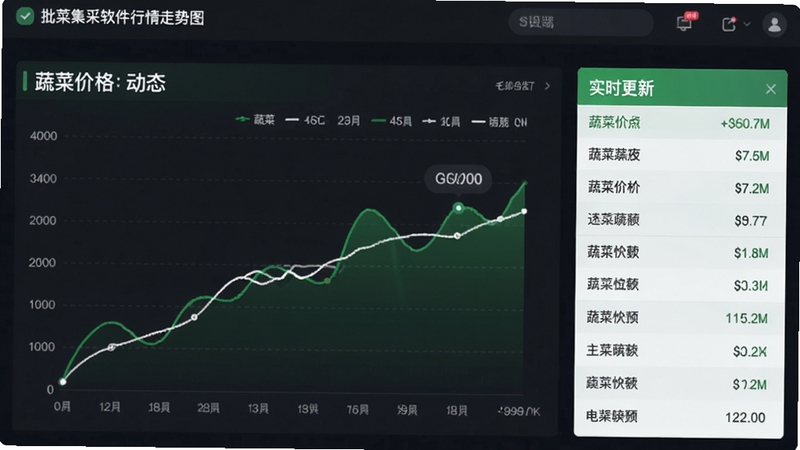 批菜集采软件行情走势图表截图,画面以折线图展示蔬菜价格动态,旁边有实时更新的价格列表,背景为简约的深色数据面板,突出数据分析的专业感,色调以绿色和白色为主,清晰直观