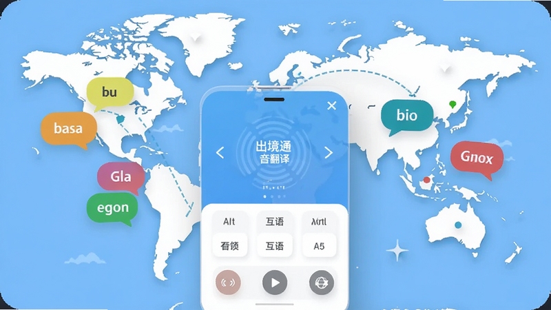 出境通语音翻译软件主界面预览图,展示多语言互译功能,背景为世界地图与多种语言气泡,风格清新现代,突出出国翻译的便捷性