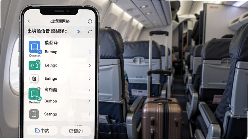 出境通语音翻译离线翻译模式界面,展示下载的语言包列表,背景为飞机客舱和行李,强调无网络也能翻译的可靠性