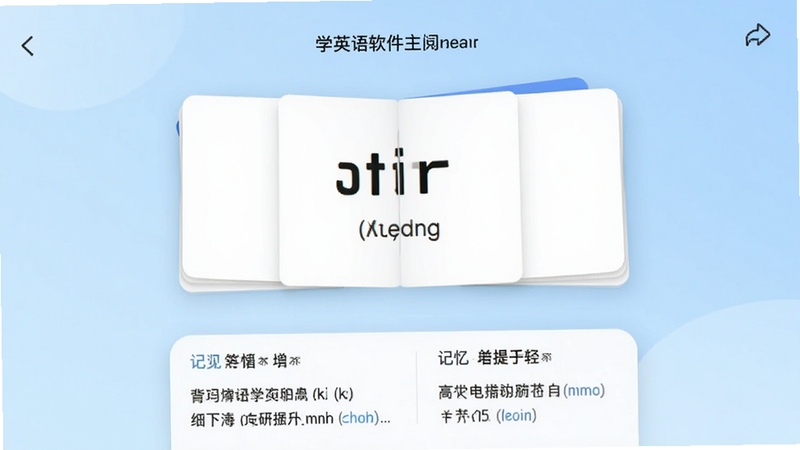 学英语背单词软件主界面预览图,画面中央显示单词卡片翻转效果,背景为淡蓝色渐变,卡片上有单词和音标,下方有例句和记忆提示,整体风格简约清新,突出学习氛围,适合教育类应用展示