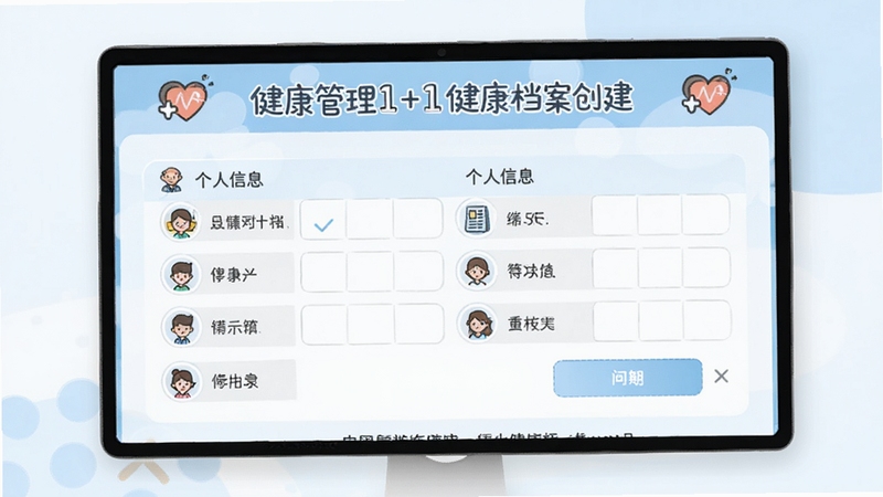 健康管理1+1健康档案创建页面,表单清晰列出个人信息栏,配有卡通健康图标,背景淡雅蓝白色调,界面友好易懂