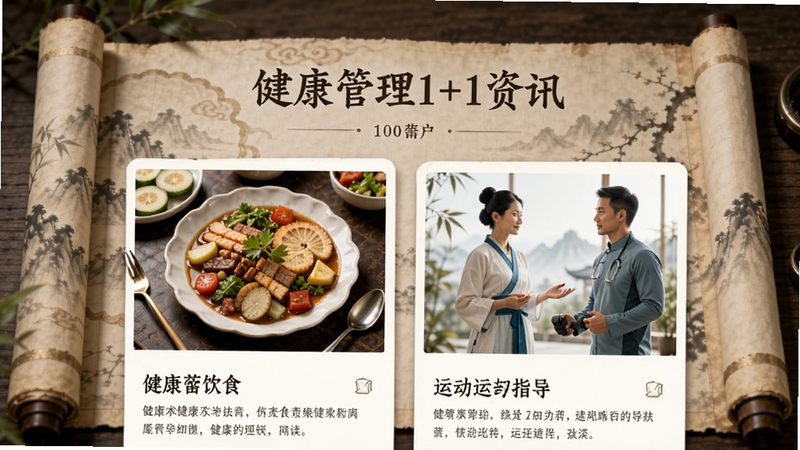 健康管理1+1资讯页面,文章卡片配图精美,包含健康饮食与运动指导,背景采用书卷气风格,阅读氛围浓厚