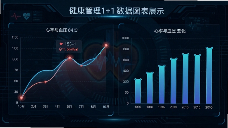 健康管理1+1数据图表展示,折线图与柱状图清晰显示心率与血压变化,背景为深色科技感界面,数据点高亮,整体专业大气
