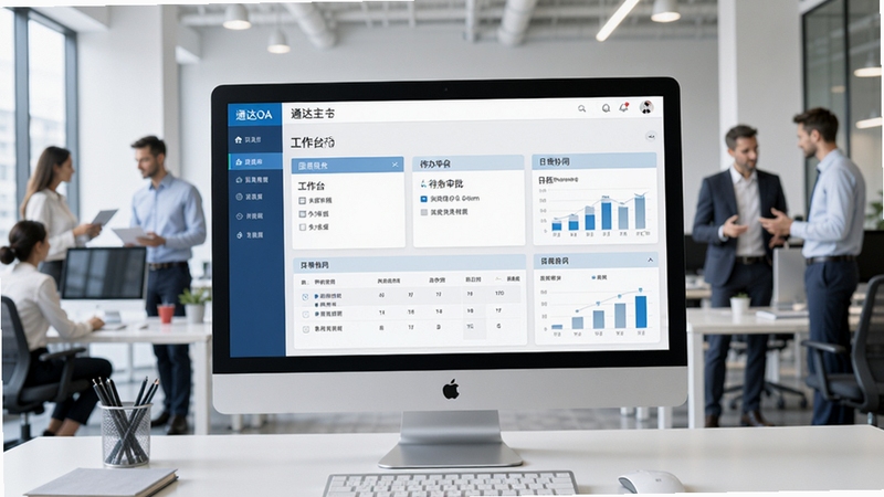 生成一张现代商务办公场景的横版预览图,画面中央是一台开启通达OA主界面的电脑显示器,界面清晰显示工作台、待办审批、日程图表等模块,背景为明亮的开放式办公室,员工正在协作沟通。整体色调以蓝白为主,风格写实,突出企业信息化与高效协同氛围。
