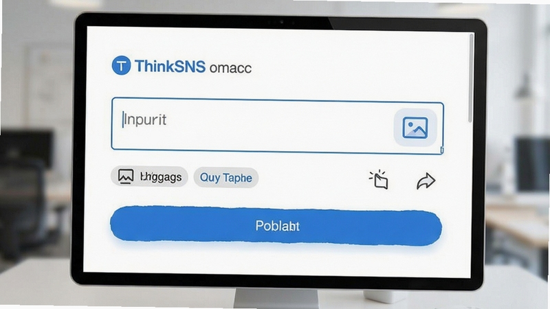ThinkSNS动态发布界面,展示输入框、图片上传图标、话题标签和发布按钮,界面简洁直观,背景为白色,配以蓝色主题色,适合功能演示。