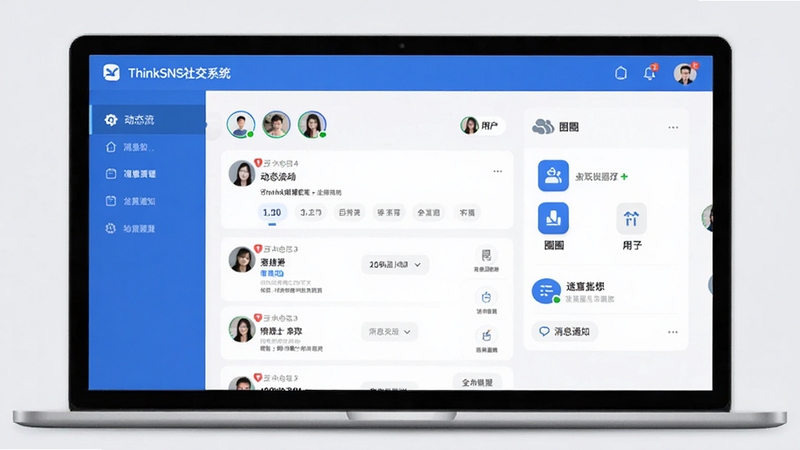 ThinkSNS社交系统功能总览界面,包含动态流、用户头像、圈子图标、消息通知等元素,整体采用蓝白配色,界面简洁现代,背景为浅灰色,居中展示,适合软件介绍场景。