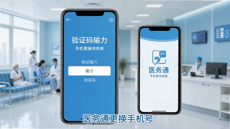 医务通手机更换界面,显示验证码输入框,与手机示意图,背景为医院办公环境,蓝白风格,界面友好,图注:医务通更换手机号