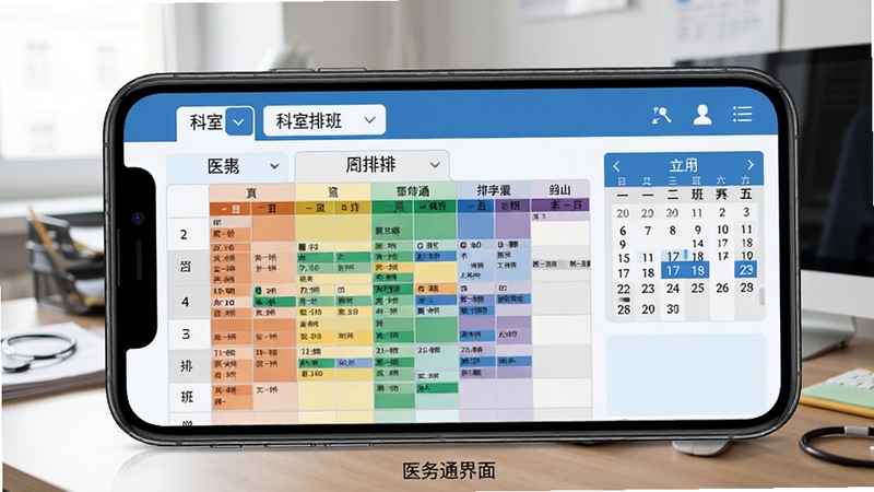 医务通排班功能界面特写,屏幕显示彩色周排班表格,顶部有科室切换标签,右侧有日历控件,整体蓝白配色,扁平化设计,带手机边框,背景为医生办公室桌面,自然光,高清晰度,图注:医务通排班管理界面