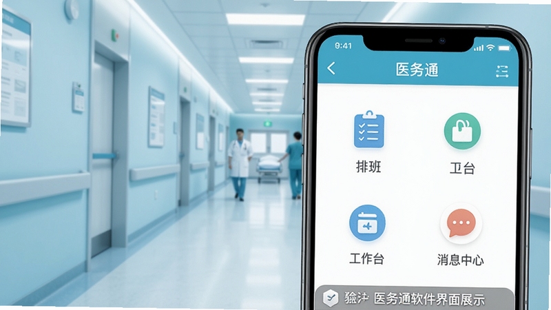 医务通主界面预览图,前景展示手机端应用主菜单,包含排班表、工作台、消息中心图标,背景为现代医院走廊,浅蓝色调,界面清爽,纵向构图,UI设计风格,细节清晰,图注:医务通软件界面展示
