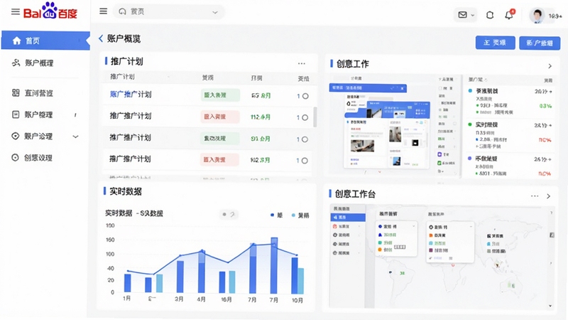 百度营销客户端主界面预览图,展示账户概览、推广计划列表、实时数据图表以及创意工作台,整体采用百度蓝与白色配色,界面干净明亮,左侧导航栏清晰,右侧展示数据看板,画面比例16:9,风格现代商务,突出软件核心全貌