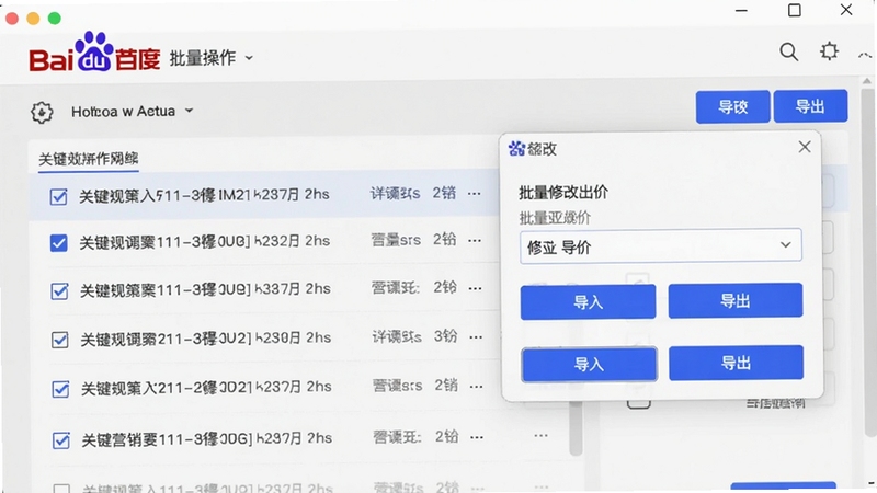 百度营销客户端批量操作界面,展示勾选多条关键词记录,右侧弹出批量修改出价窗口,包含导入导出按钮,整体界面以浅灰色背景为主,按钮为百度蓝,突出高效操作场景