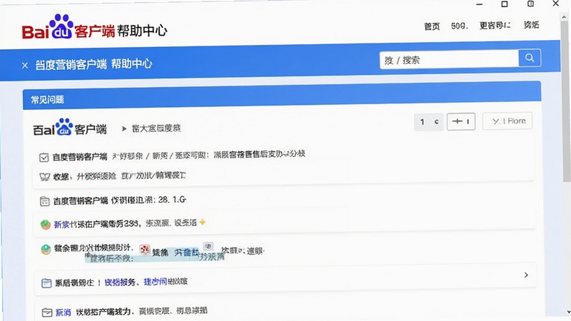百度营销客户端帮助中心截图,展示常见问题列表与搜索框,界面简洁清晰,蓝色主调,体现完善的售后服务支持