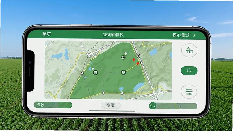 手机量地测亩仪核心功能界面预览图,画面主体为手机屏幕显示地图测亩操作界面,背景为广袤农田与蓝天,风格写实清晰,突出软件的测量专业化与便捷性