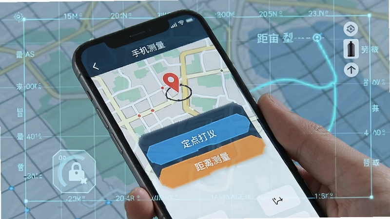 手机量地测亩仪多种测量模式切换界面,画面主体为手机屏幕展示定点打点与距离测量选项,背景为地图网格与坐标线,风格简洁科技感,强调功能多样性