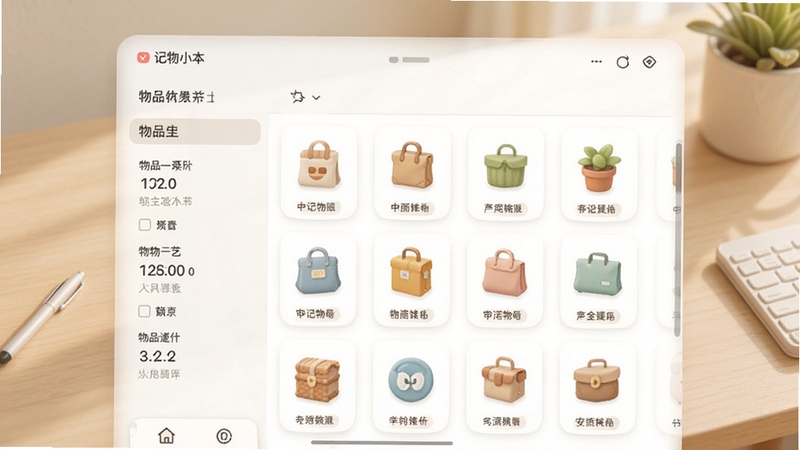 记物小本主界面截图,展示物品列表分类清晰,背景为简洁的浅色桌面,物品图标整齐排列,整体风格明亮温馨