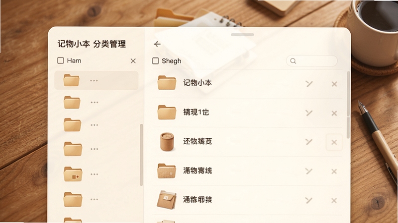 记物小本分类管理界面,左侧分类栏显示多个文件夹图标,右侧展示对应物品清单,背景为木质桌面,整体色调温暖柔和