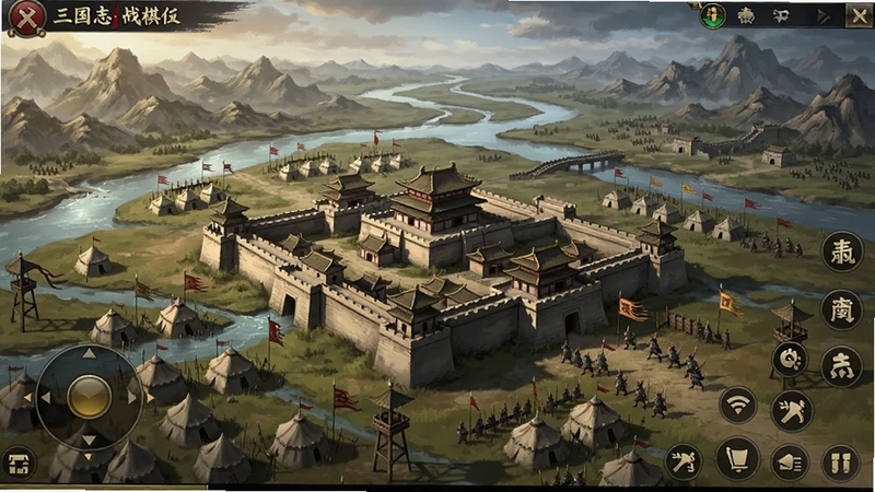 三国志战棋版游戏主界面全景预览图,画面中央是一座雄伟的古代城池,周围环绕着山川河流与军营,游戏UI按钮清晰可见,整体风格为写实水墨渲染,色彩厚重,光影层次丰富,背景是广袤的战场与远山,突出三国题材的宏大氛围,竖版构图,适合手机游戏宣传图,画面细节精致,无文字水印