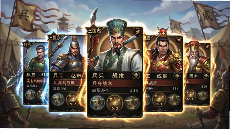 三国志战棋版武将卡牌展示图,画面中央是数张精美的三国武将立绘卡片,包括赵云、诸葛亮、吕布等,每张卡牌上标注了兵种与战法信息,背景为古代军营与旗帜,卡牌流光特效,整体色彩鲜艳,细节丰富,突出收集养成玩法,竖版截图,无文字水印