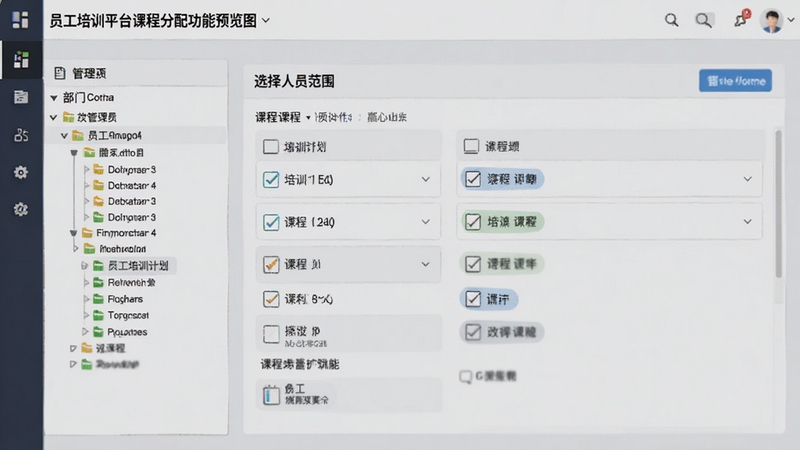 员工培训平台课程分配功能预览图,画面展示管理员后台创建培训计划并选择人员范围的操作界面,左侧是部门树形列表,右侧是课程勾选区域,背景为浅灰色工作台,风格清爽专业