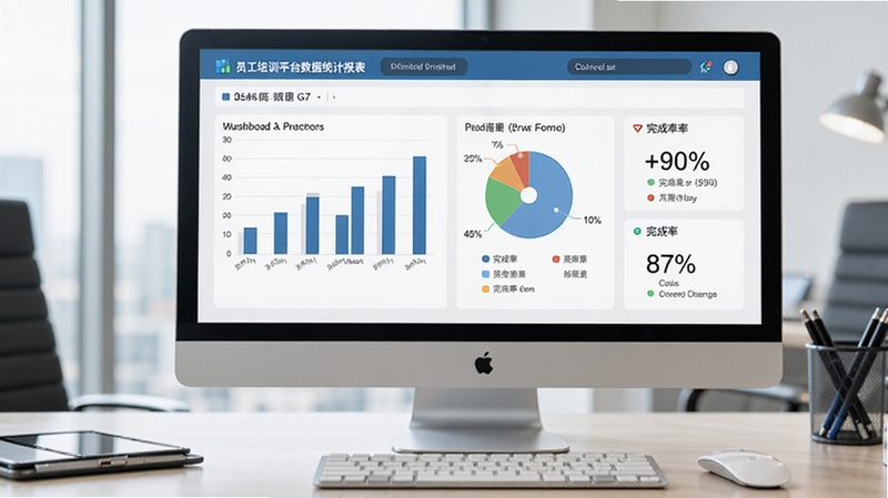 员工培训平台数据统计报表预览图,画面展示手机端或PC端的数据看板,包含柱状图、饼图和完成率百分比,背景为商务办公桌面,风格清晰直观