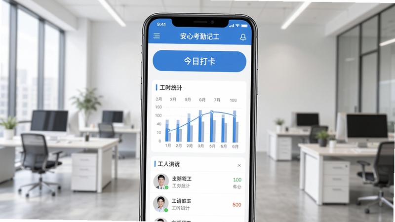 智能考勤软件界面截图,展示安心考勤记工在手机上的主界面,包含今日打卡按钮、工时统计图表和工人列表,背景为现代简约风格的办公室环境,画面主体突出软件界面,风格清晰明亮,适配移动端App预览图。