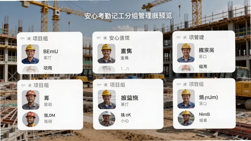 安心考勤记工分组管理功能预览图,展示多个项目组卡片,每个卡片内有工人头像和姓名列表,背景为建筑工地场景,画面色彩自然,突出多人分组管理的便捷性,适合手机软件功能展示。