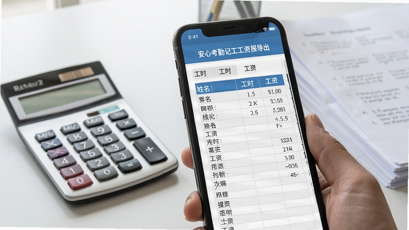 安心考勤记工工资报表导出界面预览,展示手机屏幕上清晰的表格数据,包含姓名、工时、工资等列,背景为办公室桌面,放有计算器和文件,画面简洁专业,突出数据统计与导出功能。