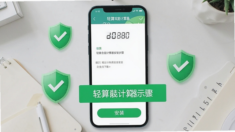 轻算全能计算器安装步骤示意图,手机屏幕显示安装界面,背景为浅灰色桌面,下方有「安装」按钮,画面突出安全下载提示,周围有绿色安全盾牌图标,强调安全可靠