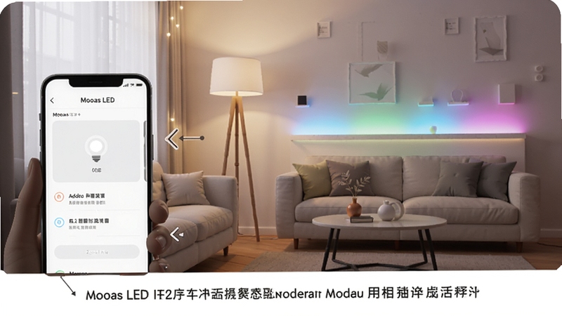 一张展示Mooas LED应用使用教程的插图,画面中有一部手机屏幕显示着添加设备的步骤,旁边有箭头指示,背景是明亮的客厅,沙发旁的落地灯和沙发背景墙上的灯带发出柔和的彩色光,营造出温馨的氛围,画面简洁易懂,突出Mooas LED的易用性,适配Boogu模型生成。