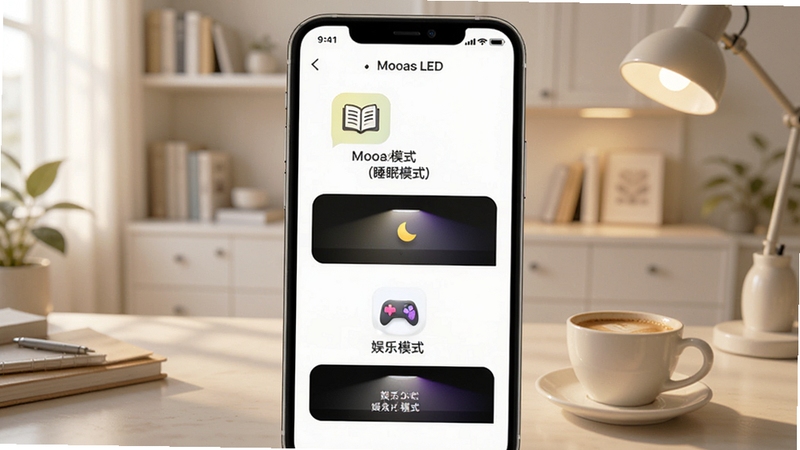 一张展示Mooas LED应用场景列表的手机截图,屏幕中可以看到“阅读模式”、“睡眠模式”、“娱乐模式”等多个图标,每个图标下方有对应的灯光效果预览,背景是明亮的现代书房,桌面上放着一杯咖啡,整体光线温馨,突出Mooas LED的场景联动功能,画面清晰自然,适配Boogu模型生成。