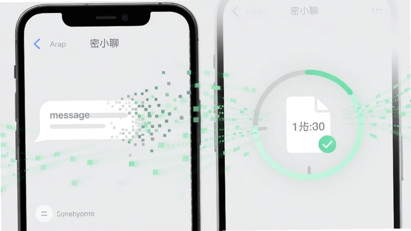 以密小聊的手机功能界面为创作核心,画面左侧显示一条正在逐渐化为像素颗粒消散的消息气泡,右侧则是一个带有倒计时圆环的已读文件图标。整体风格扁平化,背景为浅灰色,辅以淡绿色的数据流动轨迹,象征着阅后即焚与无痕的流畅体验,构图简洁且充满科技感。