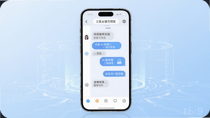 三笙AI官方预览图,画面主体为手机屏幕展示智能对话界面,背景为浅蓝色科技感渐变,整体风格简洁现代,突出AI助手核心功能,画面比例16:9