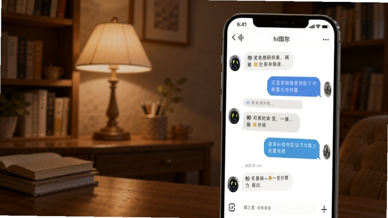 三笙AI智能对话功能展示图,画面中手机界面显示与AI的连续对话气泡,背景为暖色书房场景,体现自然交流氛围,画面比例16:9
