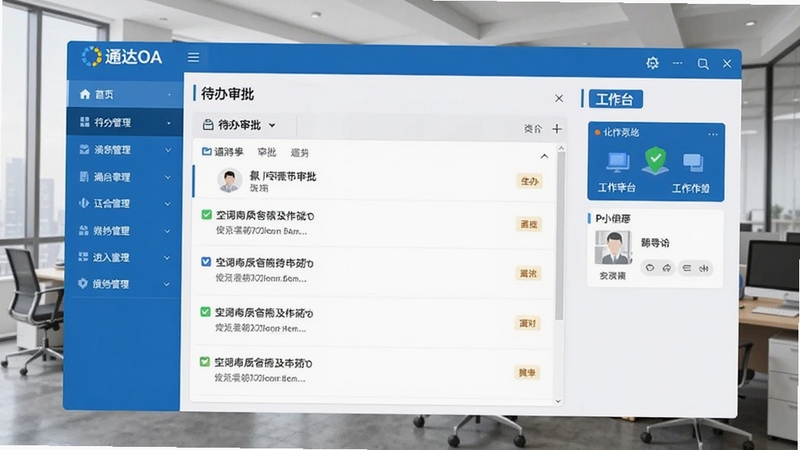 通达OA主界面预览,展示左侧导航栏、中部待办审批列表和右侧工作台小组件,整体界面蓝色商务风格,背景为办公室场景,细节清晰,适合软件介绍图