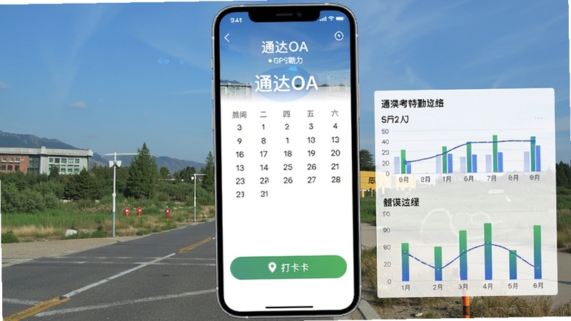 通达OA手机考勤打卡界面,显示GPS定位和打卡按钮,界面有日历和统计图表,背景为户外场景