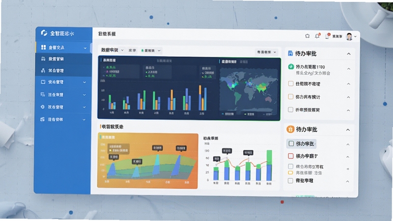 金智企业综合管理系统核心全貌预览图,画面显示系统后台主控台界面,左侧为蓝色功能折叠菜单,右侧为彩色数据看板与待办审批列表,整体采用现代扁平化设计风格,背景为带有网格纹理的浅灰蓝色工作台,突出软件的企业级管理属性与数据可视化能力