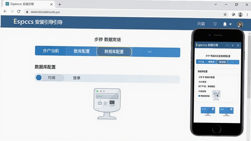 Espcms安装引导页面截图,电脑端浏览器显示步骤条,当前处于“数据库配置”阶段,界面简洁清晰,旁边有手机模拟器同步显示移动端安装界面,体现跨设备适配能力。