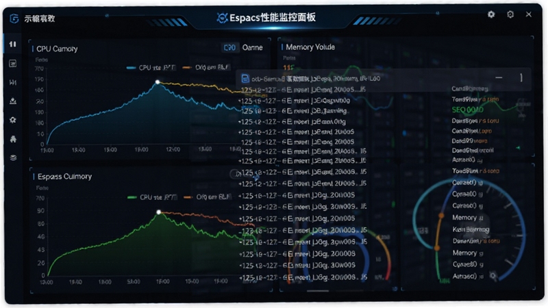Espcms性能监控面板示意图,背景为深色仪表盘,显示CPU与内存占用曲线,并叠加搜索引擎蜘蛛爬取日志记录,整体风格科技感强,体现系统的高效与SEO友好特性。