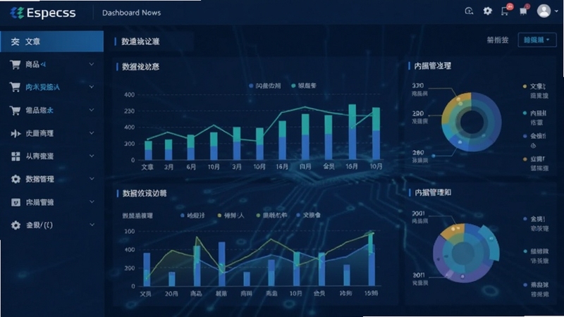 Espcms系统后台管理界面预览图,深蓝色科技感主题,左侧功能栏清晰展示文章、商品、会员等模块,中央显示数据统计图表,整体界面现代简洁,突出内容管理核心功能。