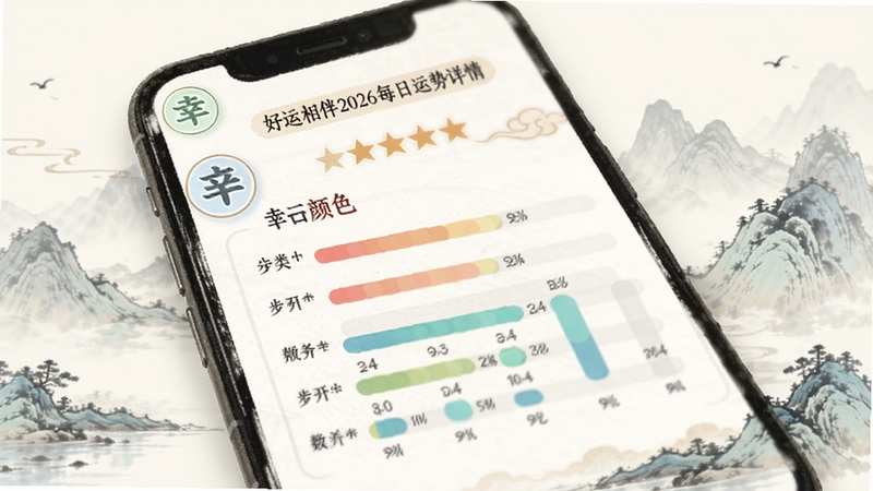 好运相伴2026每日运势详情页面,手机屏幕内展示当日的综合运势星级评分和各个分类的运势指数条形图,背景是淡雅的山水画风格,配有当日的幸运颜色和幸运数字图标,画面清晰柔和,突出数据可视化效果