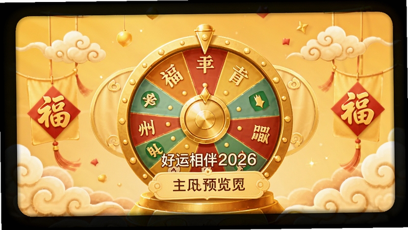 好运相伴2026主界面预览图,画面中央显示金色幸运轮盘与日期,背景为温馨的暖黄色调,四周点缀祥云与福字元素,整体风格喜庆祥和,UI设计简洁现代,突出应用核心功能,适合应用商店展示