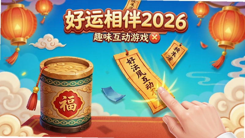 好运相伴2026趣味互动游戏界面截图,画面展示一个古风签筒和飘落的签文,用户手指正在点击抽取幸运签,界面色彩明亮活泼,背景有云纹和灯笼装饰,营造出轻松愉悦的娱乐氛围,突出应用的互动趣味性