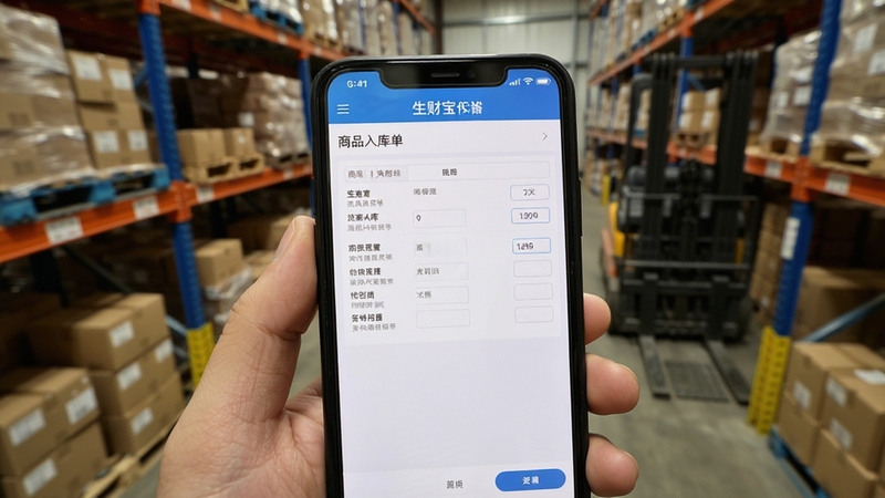 生财宝进销存软件的手机端操作界面手持实拍图,屏幕显示商品入库单填写页面,背景为仓库货架,拍摄角度为俯视45度,自然光线,突出软件界面清晰度,构图聚焦手机屏幕,占画面三分之二