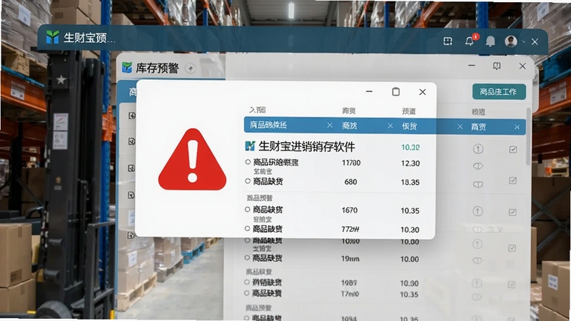 生财宝进销存软件的库存预警界面预览图,画面显示红色感叹号图标与商品缺货列表,背景为仓库货架实拍,提示词风格写实,突出预警弹窗与列表数据细节,构图横向居中,色彩对比清晰