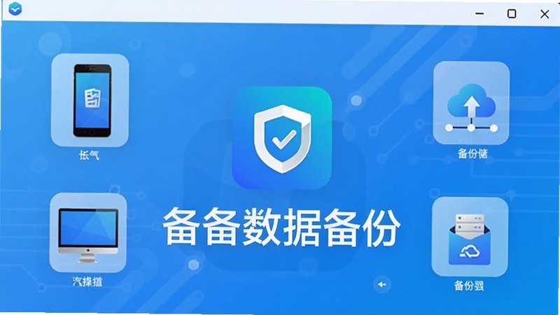 备备数据备份主界面展示,画面中央是软件logo和“备备数据备份”字样,背景为现代简约的科技蓝渐变色调,界面元素包括手机、电脑、云存储等图标,整体风格清新明亮,突出数据安全与备份主题,画面细节丰富,适合软件介绍预览图