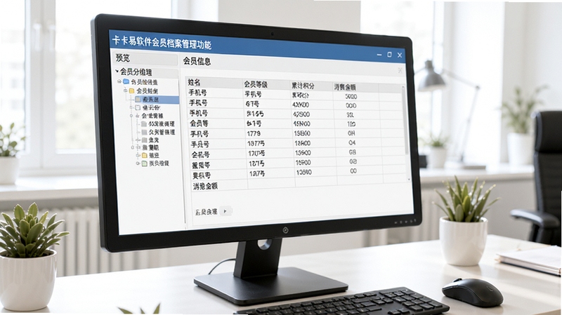 一卡易软件会员档案管理功能的界面截图预览,电脑屏幕上显示出详细的会员信息表格,包含姓名、手机号、会员等级、累计积分和消费金额等列,左侧有会员分组树形菜单,背景为明亮的办公桌面,图像风格写实清晰,强调数据管理与便捷操作感。