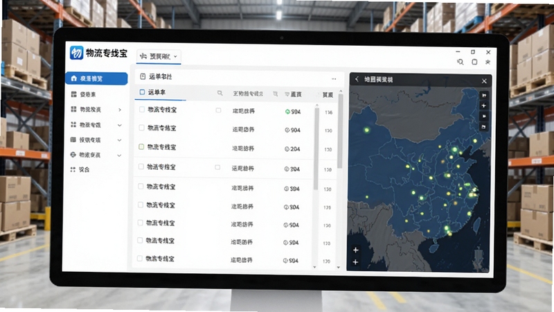 物流专线宝主界面预览图,展示物流专线宝软件在电脑上的运行界面,包含左侧菜单栏、中部运单列表和右侧地图跟踪面板,背景为简洁的物流仓库场景,整体风格专业清晰,突出物流专线宝的品牌标识。
